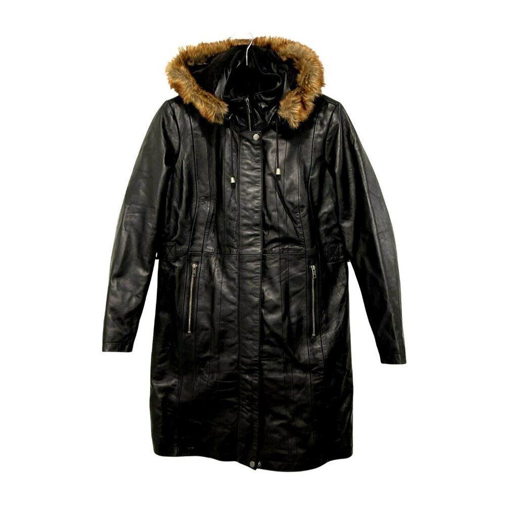 New Decrum Black Real Leather Long Coat W/ Faux Fur Hood Size Large